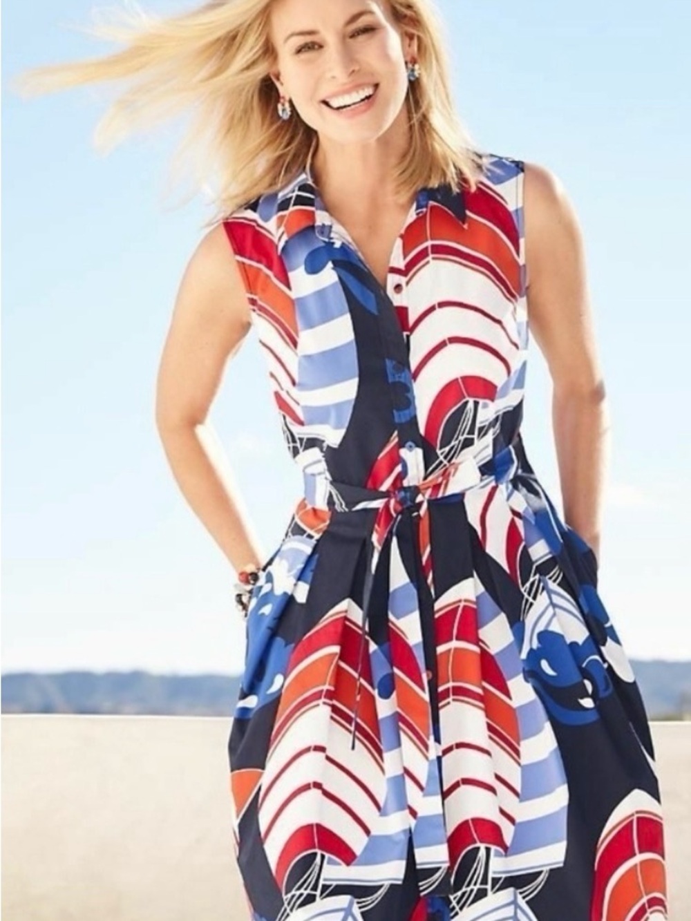 Talbots Sleeveless Graphic Tie-Waist Dress in Red, Blue, White
